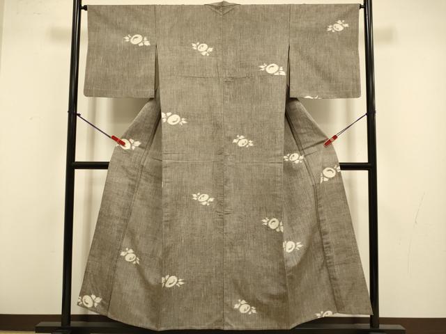 平和屋着物▽上質な紬　単衣　草花文　正絹　逸品　DABJ3630du