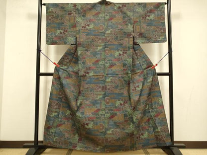 平和屋着物▽本場染大島紬　単衣　風景花文　正絹　逸品　DABJ3631du