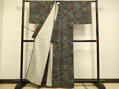 平和屋着物▽本場染大島紬　単衣　風景花文　正絹　逸品　DABJ3631du