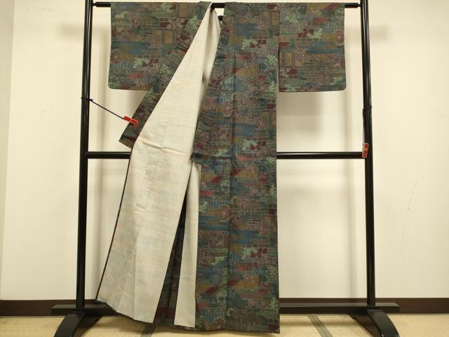 平和屋着物▽本場染大島紬　単衣　風景花文　正絹　逸品　DABJ3631du
