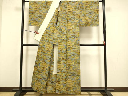 平和屋着物▽上質な紬　単衣　風景文　正絹　逸品　DABJ3633du