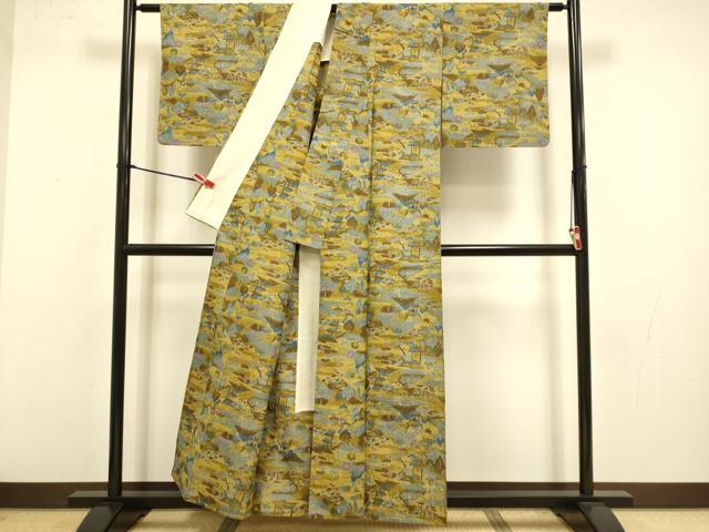 平和屋着物▽上質な紬　単衣　風景文　正絹　逸品　DABJ3633du