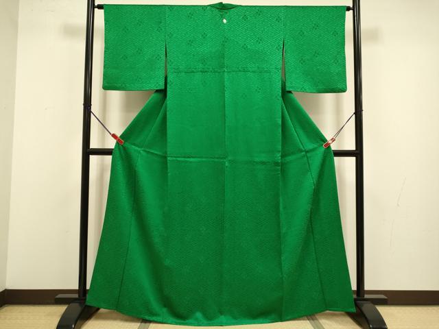 平和屋着物▽上質な色無地　単衣　紗綾形花地紋　深緑色　正絹　逸品　DABJ3639du