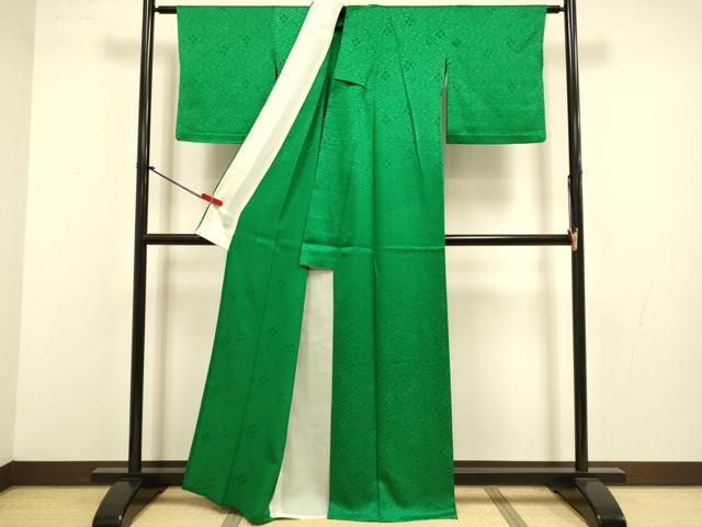 平和屋着物▽上質な色無地　単衣　紗綾形花地紋　深緑色　正絹　逸品　DABJ3639du