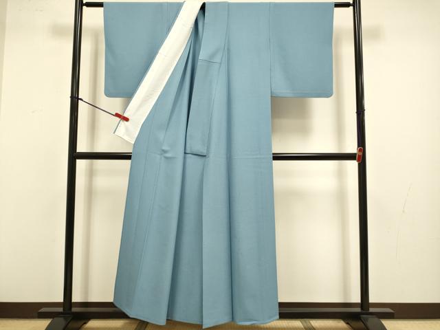 平和屋着物▽色無地　単衣　濃いスモークブルー色　洗える着物　DABJ3643du