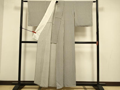 平和屋着物▽江戸小紋　単衣　伊勢型　縞　鬼しぼ縮緬　証紙付き　正絹　逸品　未使用　DABJ3657du