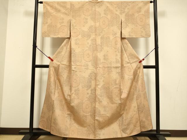平和屋着物▽上質な紬　単衣　花絵皿文　正絹　逸品　DABJ3659du