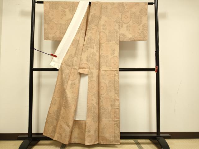 平和屋着物▽上質な紬　単衣　花絵皿文　正絹　逸品　DABJ3659du