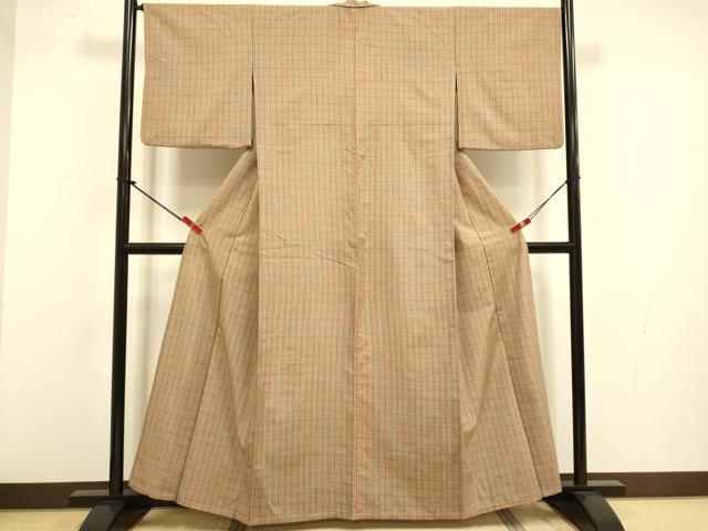 平和屋着物▽上質な紬　単衣　格子　正絹　逸品　DABJ3663du