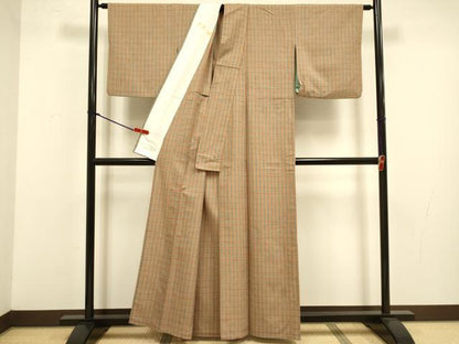 平和屋着物▽上質な紬　単衣　格子　正絹　逸品　DABJ3663du