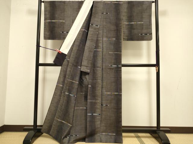 平和屋着物▽上質な紬 　単衣　 横段文　正絹　逸品　未使用　DABJ3674du