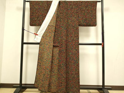 平和屋着物▽上質な小紋　単衣　更紗花文　鬼しぼ縮緬　正絹　逸品　未使用　DABJ3677du