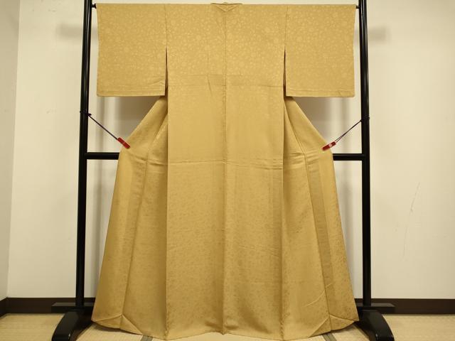 平和屋着物▽上質な色無地　単衣　花唐草地紋　萱草色　正絹　逸品　DABJ3683du