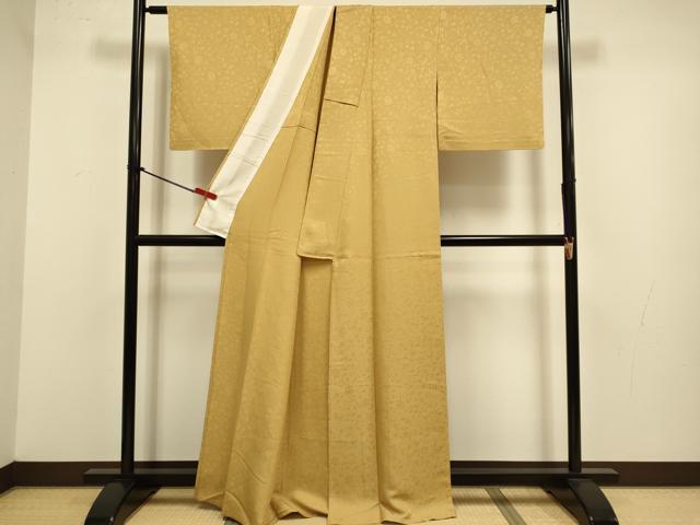 平和屋着物▽上質な色無地　単衣　花唐草地紋　萱草色　正絹　逸品　DABJ3683du