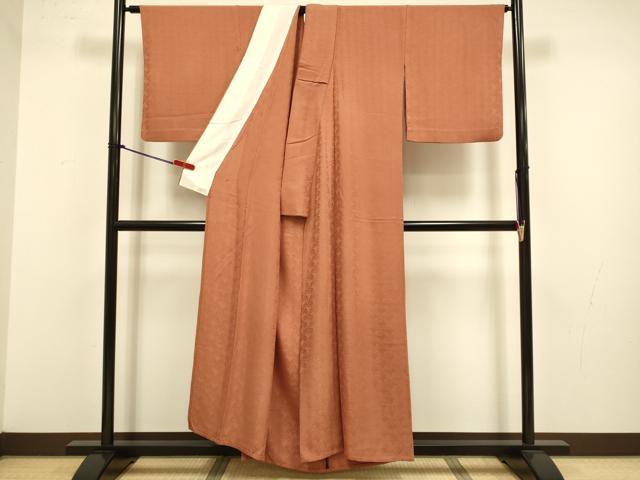 平和屋着物▽上質な色無地　単衣　立波地紋　檜皮色　正絹　逸品　DABJ3684du