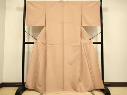 平和屋着物▽上質な色無地　単衣　赤香色　お召縮緬　正絹　逸品　DABJ3690du