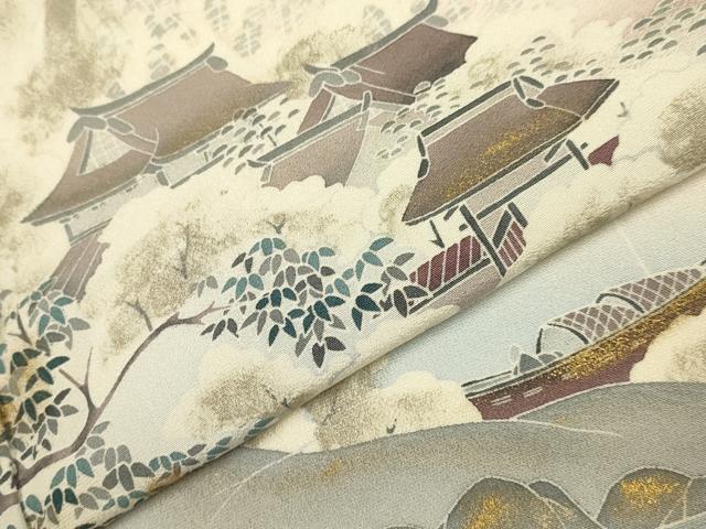 平和屋着物▽訪問着　単衣　風景文　暈し染め　金彩　正絹　逸品　DABJ3691du