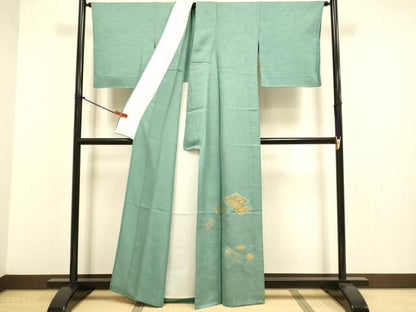 平和屋着物▽中国三大刺繍　スワトウ刺繍　汕頭刺繍　色留訪問着　単衣　花菱文　金糸　正絹　逸品　DABJ3693du