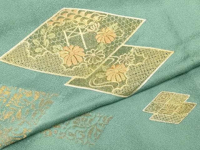 平和屋着物▽中国三大刺繍　スワトウ刺繍　汕頭刺繍　色留訪問着　単衣　花菱文　金糸　正絹　逸品　DABJ3693du