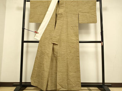 平和屋着物▽上質な紬　単衣　花織　縞　正絹　逸品　DABJ3695du