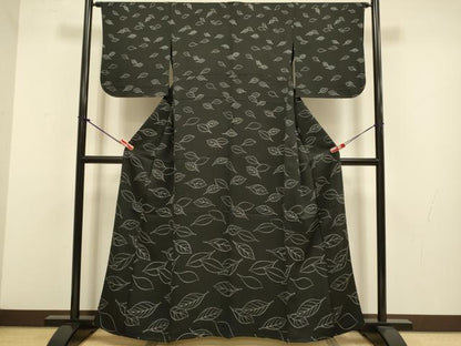 平和屋着物▽訪問着　単衣　舞葉文　黒地　正絹　逸品　DABJ3707du