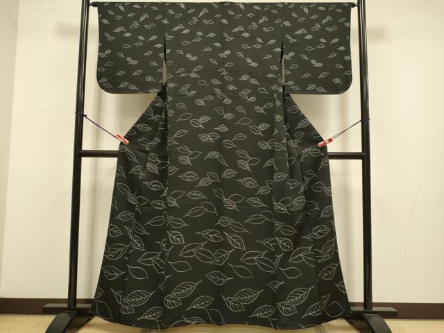 平和屋着物▽訪問着　単衣　舞葉文　黒地　正絹　逸品　DABJ3707du