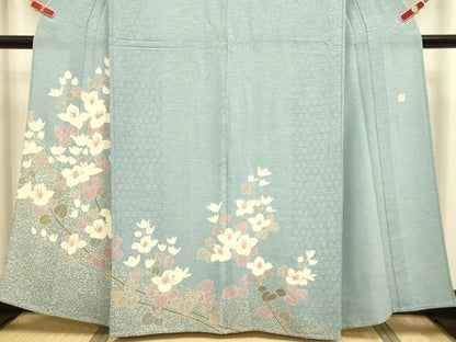 平和屋着物▽日本工芸会正会員　京友禅作家　清水光美　訪問着　単衣　枝花文　金彩　正絹　逸品　DABJ3710du