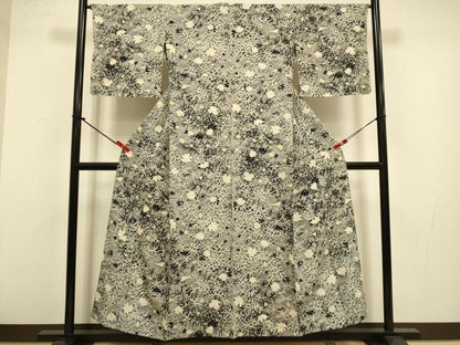 平和屋着物▽上質な小紋　単衣　草花文　たたき染め　金彩　正絹　逸品　DABJ3720du