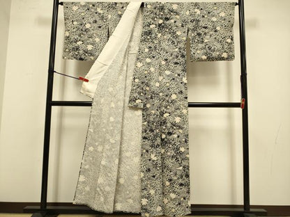 平和屋着物▽上質な小紋　単衣　草花文　たたき染め　金彩　正絹　逸品　DABJ3720du