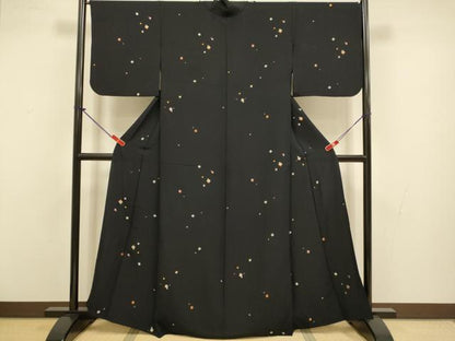 平和屋着物▽上質な小紋　単衣　総刺繍　色紙花文　黒地　正絹　逸品　DABJ3726du