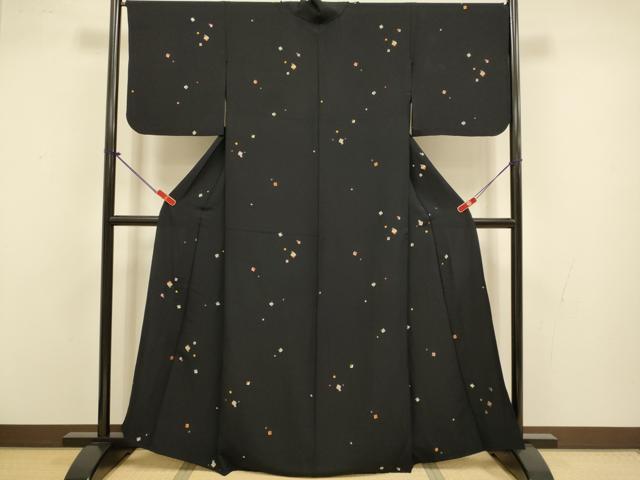 平和屋着物▽上質な小紋　単衣　総刺繍　色紙花文　黒地　正絹　逸品　DABJ3726du