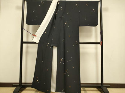 平和屋着物▽上質な小紋　単衣　総刺繍　色紙花文　黒地　正絹　逸品　DABJ3726du