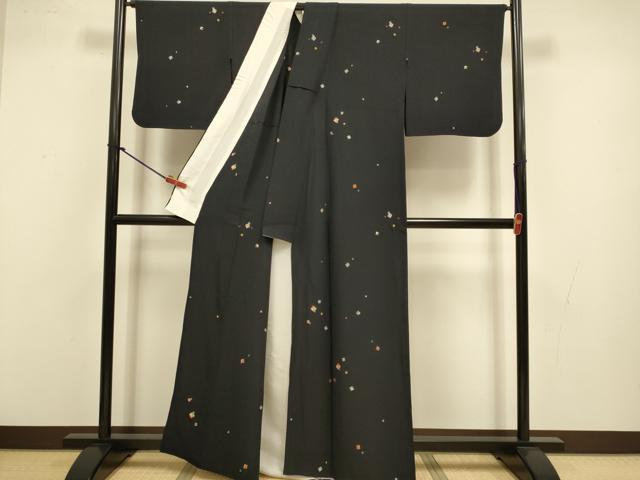 平和屋着物▽上質な小紋　単衣　総刺繍　色紙花文　黒地　正絹　逸品　DABJ3726du