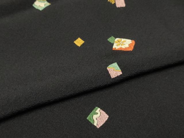 平和屋着物▽上質な小紋　単衣　総刺繍　色紙花文　黒地　正絹　逸品　DABJ3726du