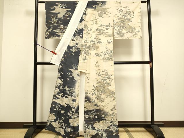 平和屋着物▽染織の名門　しょうざん  生紬　訪問着　単衣　吉祥風景花文　金彩　正絹　逸品　DABJ3741du