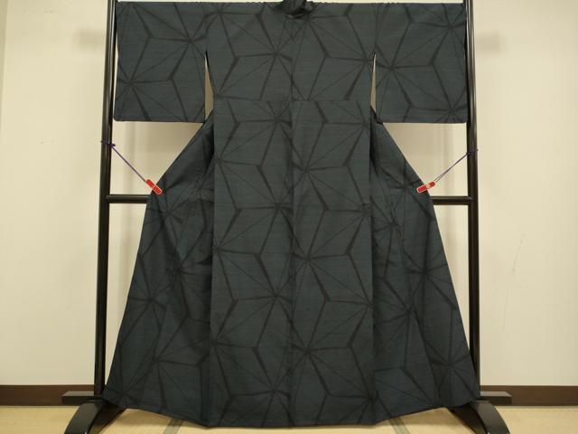 平和屋着物▽結城紬　単衣　80亀甲　麻の葉文様　正絹　逸品　DABJ3742du