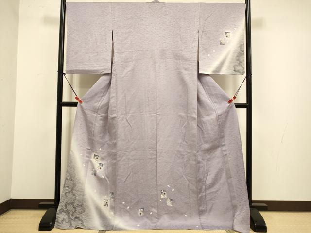 平和屋着物▽訪問着　単衣　駒刺繍　色紙舞桜文　暈し染め　ロング丈　正絹　逸品　DABJ3744du