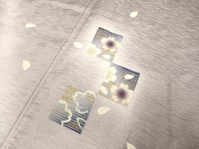 平和屋着物▽訪問着　単衣　駒刺繍　色紙舞桜文　暈し染め　ロング丈　正絹　逸品　DABJ3744du