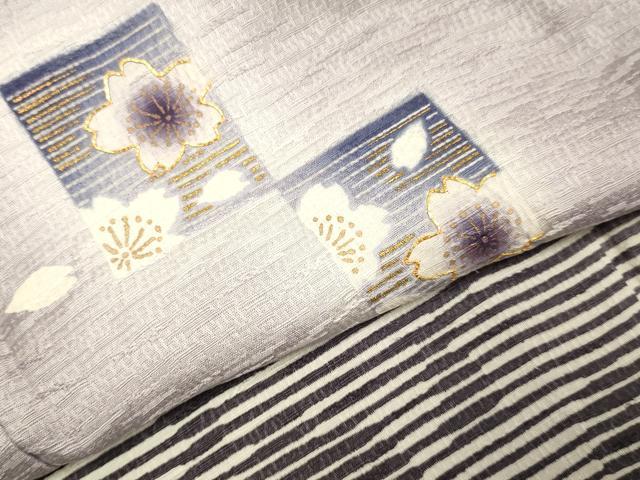 平和屋着物▽訪問着　単衣　駒刺繍　色紙舞桜文　暈し染め　ロング丈　正絹　逸品　DABJ3744du