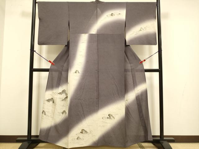 平和屋着物＊夏物　訪問着　ぜんまい紬　手描き　縞紋紗　風景文　暈し染め　金彩　正絹　逸品　DABJ3746du