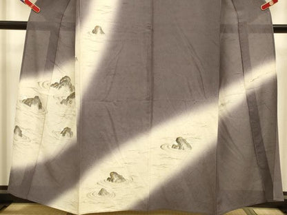 平和屋着物＊夏物　訪問着　ぜんまい紬　手描き　縞紋紗　風景文　暈し染め　金彩　正絹　逸品　DABJ3746du