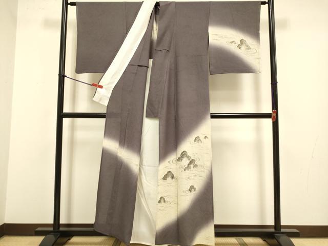 平和屋着物＊夏物　訪問着　ぜんまい紬　手描き　縞紋紗　風景文　暈し染め　金彩　正絹　逸品　DABJ3746du