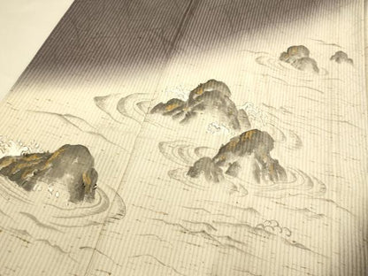 平和屋着物＊夏物　訪問着　ぜんまい紬　手描き　縞紋紗　風景文　暈し染め　金彩　正絹　逸品　DABJ3746du