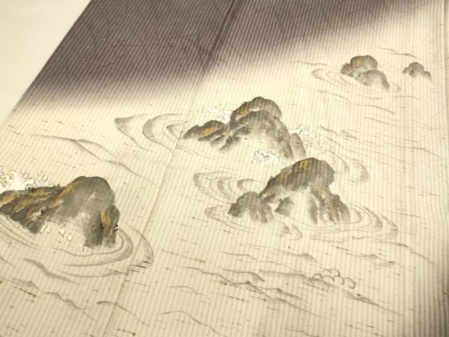 平和屋着物＊夏物　訪問着　ぜんまい紬　手描き　縞紋紗　風景文　暈し染め　金彩　正絹　逸品　DABJ3746du
