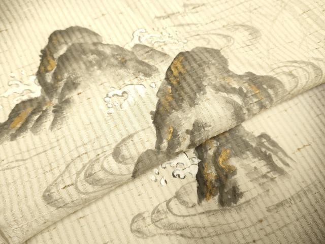 平和屋着物＊夏物　訪問着　ぜんまい紬　手描き　縞紋紗　風景文　暈し染め　金彩　正絹　逸品　DABJ3746du