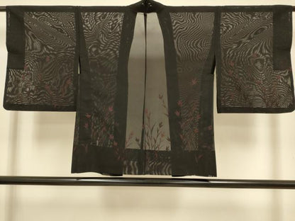 平和屋着物▽羽織　スリーシーズン　春夏秋　塵除け　草花文　黒地　正絹　逸品　DABJ3748du