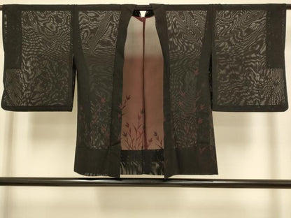 平和屋着物▽羽織　スリーシーズン　春夏秋　塵除け　草花文　黒地　正絹　逸品　DABJ3748du