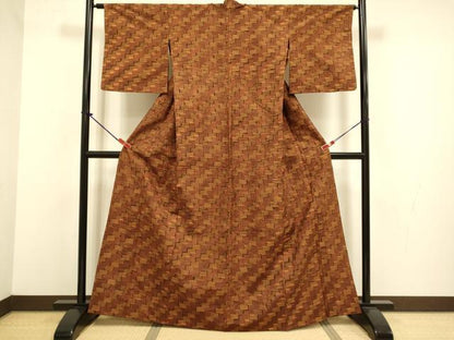 平和屋着物▽上質な紬　単衣　幾何学文様　正絹　逸品　DABJ3762du