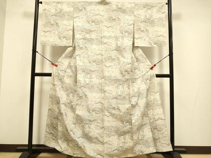 平和屋着物▽上質な紬　単衣　風景花文　正絹　逸品　DABJ3763du