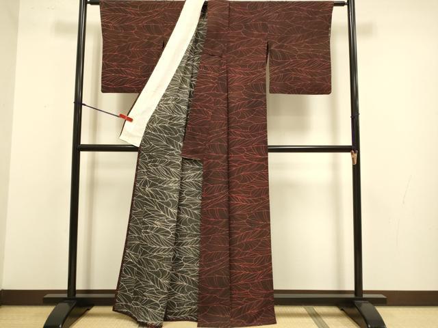 平和屋着物▽上質な小紋　単衣　葉尽くし　両面染め　正絹　逸品　DABJ3769du